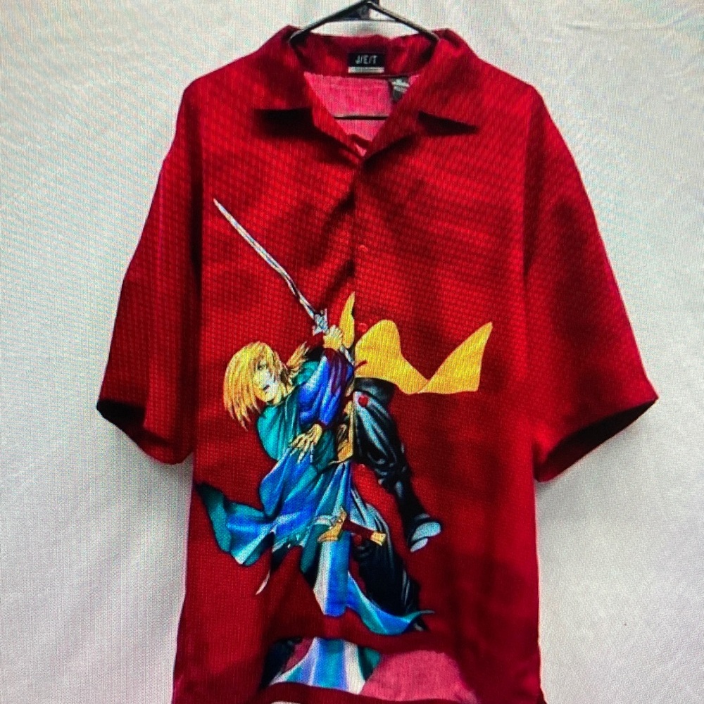 Red Short-Sleeve Graphic Button-Down Shirt